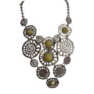 Vintage Silver Tone Statement Bib Necklace Green Bead Accents Adj 19" Estate